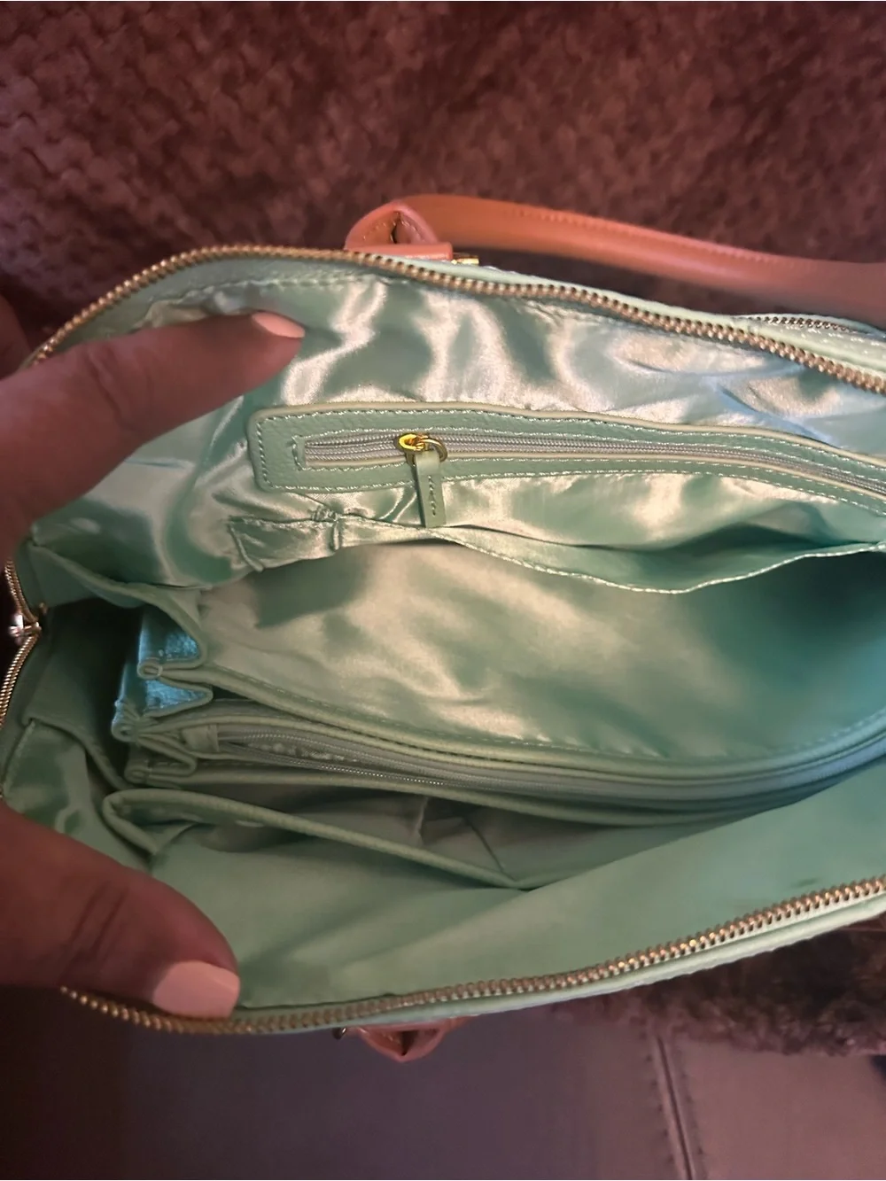 Joy & Iman Mint and Tan Dome Satchel with Gold Chain Accent